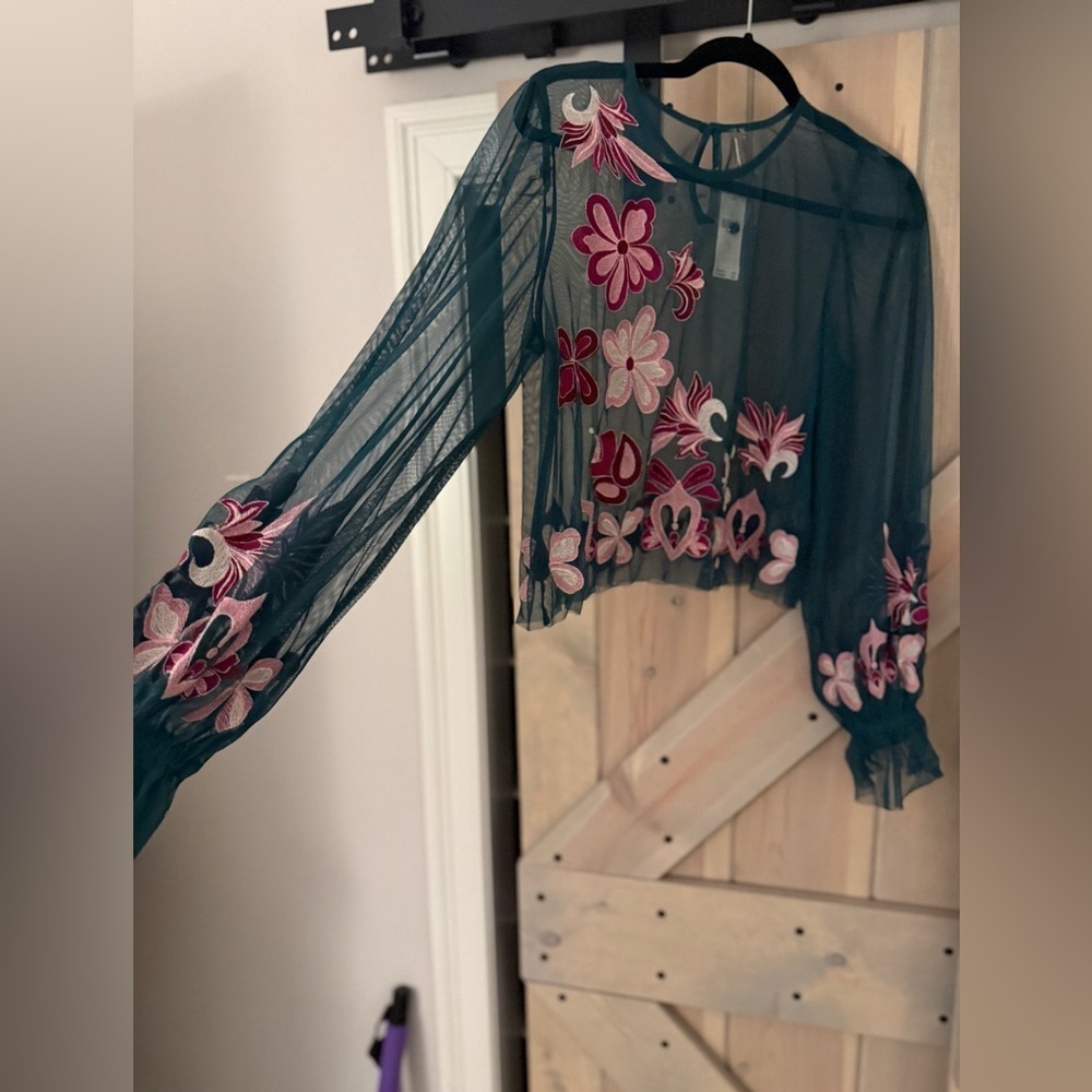 NWT By Anthropologie Embroidered Embroidered Mesh Blouse - Picture 8 of 11